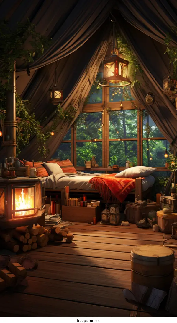 Cozy Bedroom Interior with Fireplace and Forest View