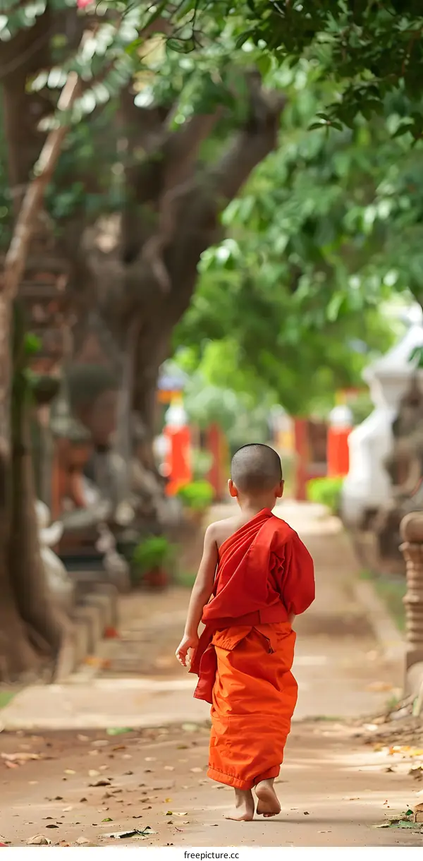 Young Buddhist Monk Walking in Temple