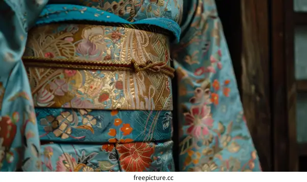 Close up of a woman wearing a blue kimono with floral patterns and a golden obi