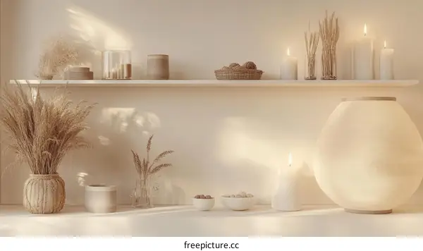 Minimalist Beige Shelf Decor with Dried Flowers and Candles