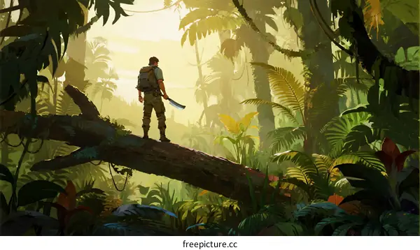 A Man Standing on a Tree Trunk in a Dense Rainforest