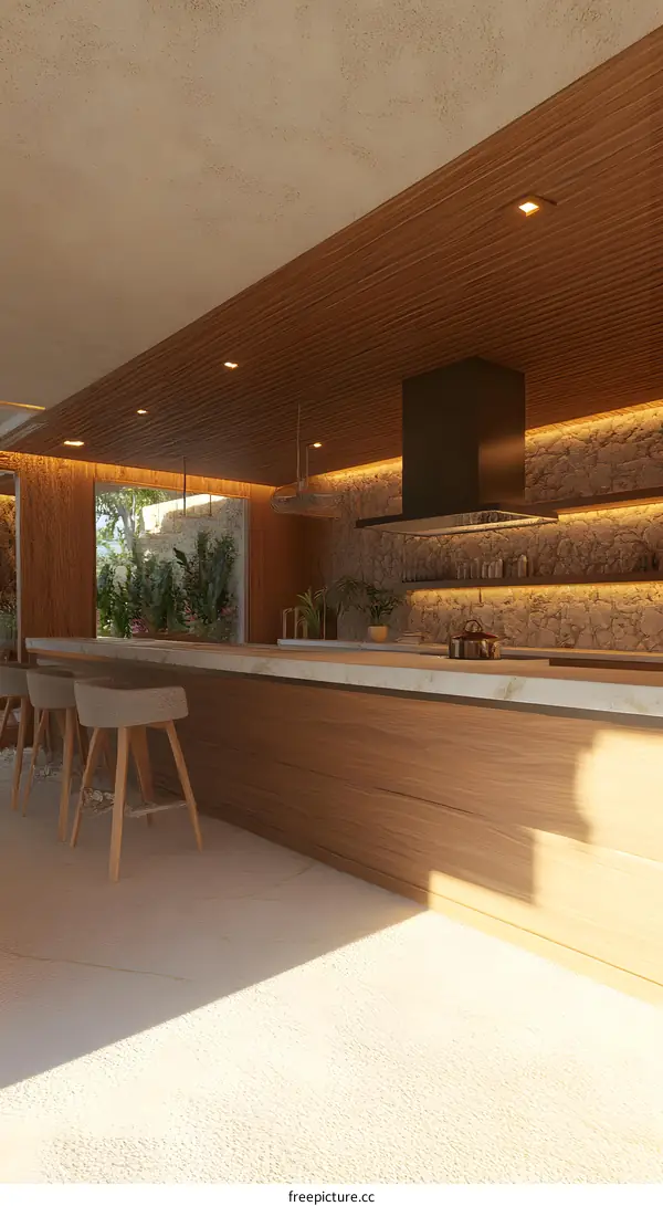 Modern Kitchen Island with Wooden Countertop and Bar Stools