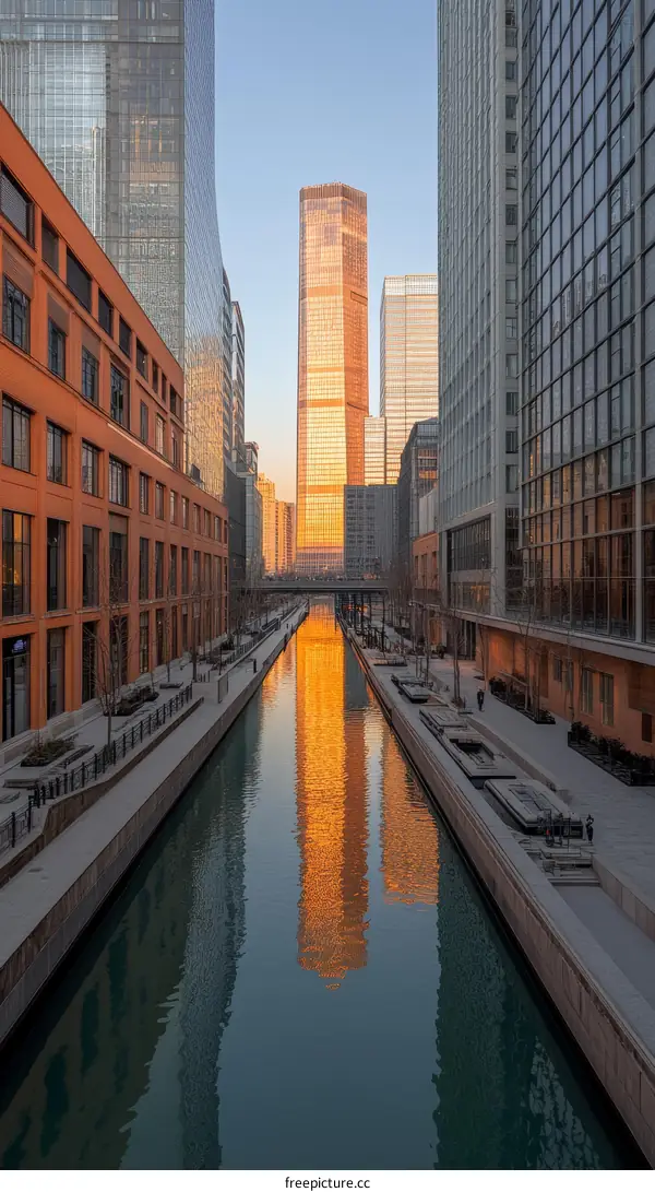 Modern City Canal Reflections at Sunrise