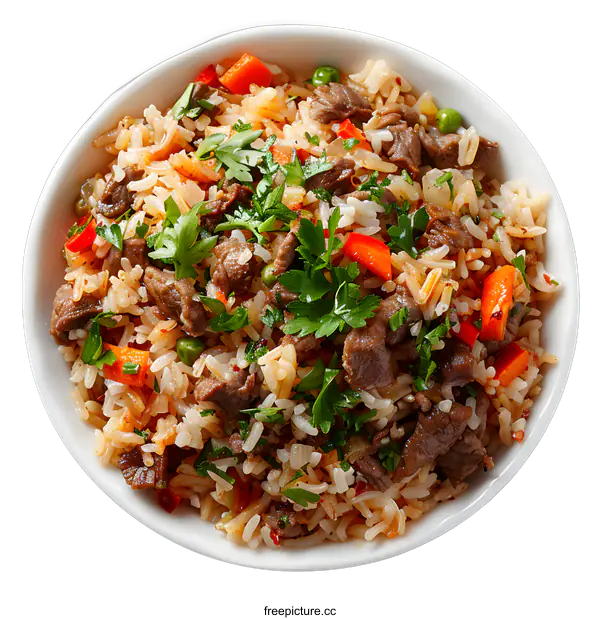[Transparent Background PNG]Beef pilaf with carrot, peas and parsley in white bowl isolated on white background. Top view.