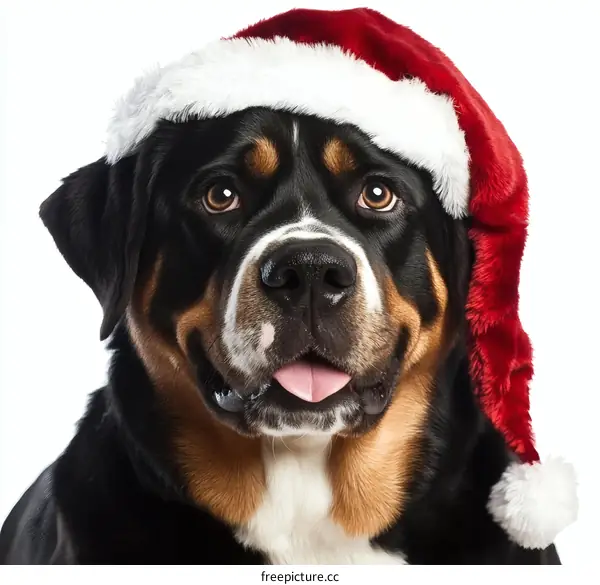 Close-up Portrait of a Dog Wearing a Santa Hat