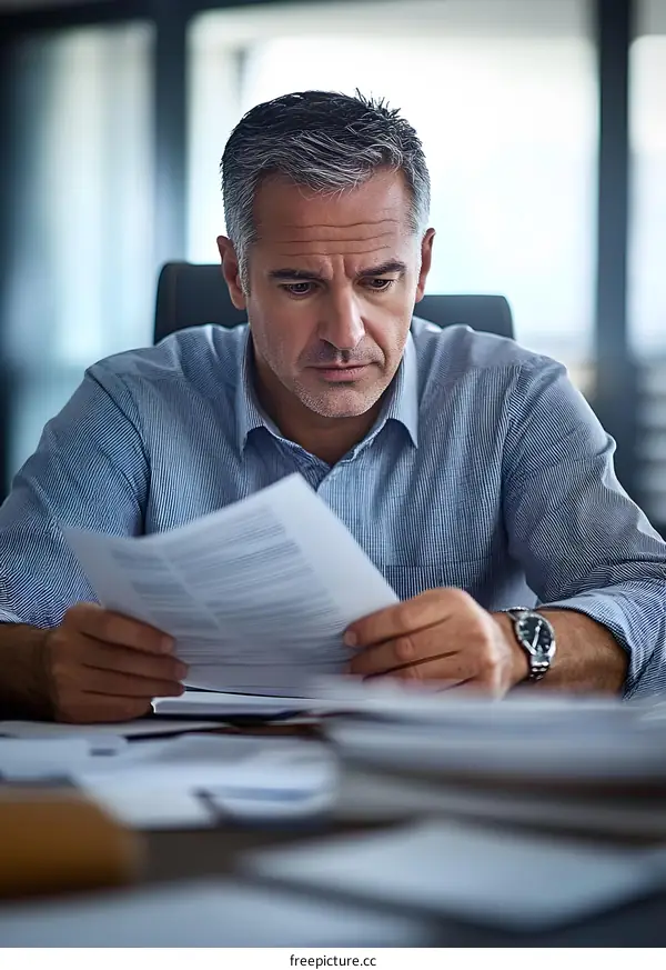 Serious Businessman Reviewing Documents at His Desk