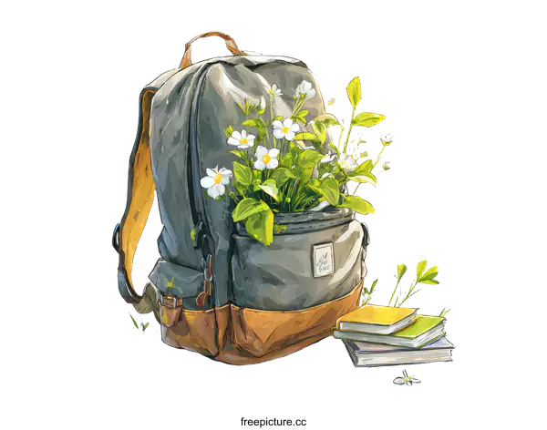 [Transparent Background PNG]A Beautiful Backpack Filled with Flowers and Books