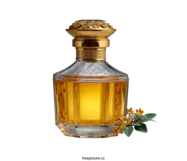 [Transparent Background PNG]Ornate Golden Perfume Bottle with Floral Accent