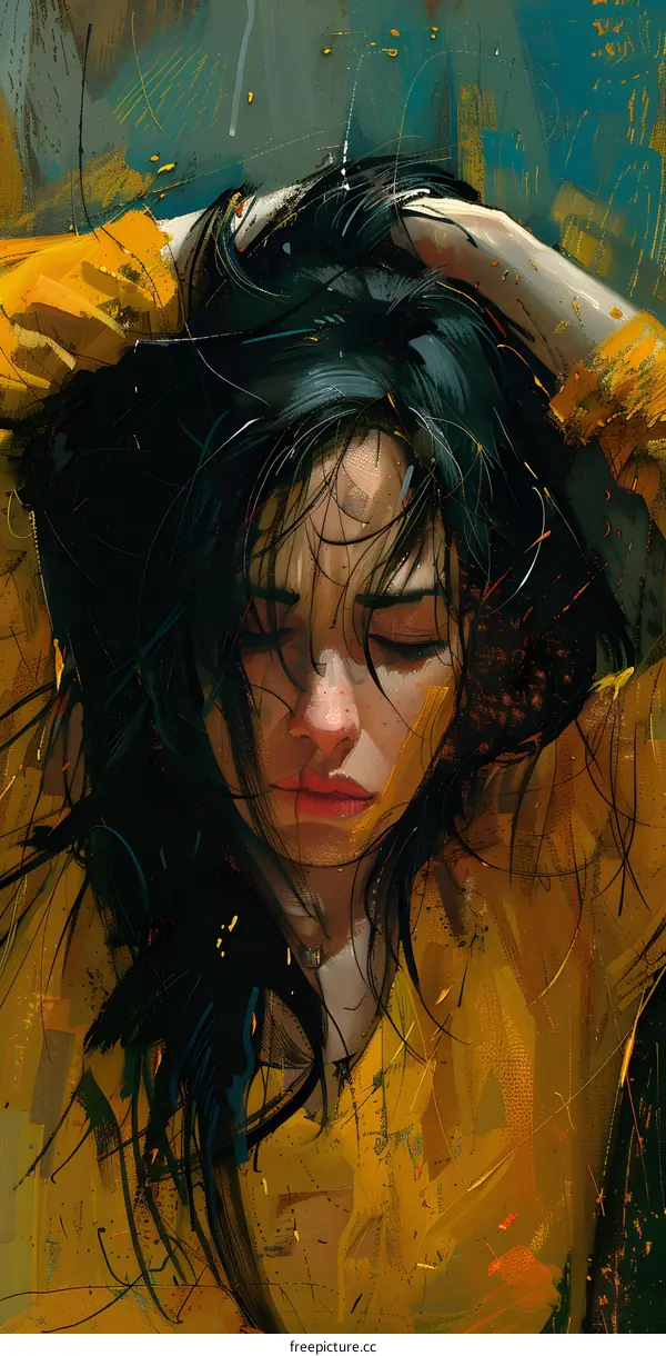 Portrait of a woman with long black hair and yellow background