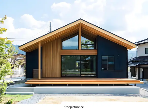 Modern Japanese Style House with Wooden Exterior and Large Windows