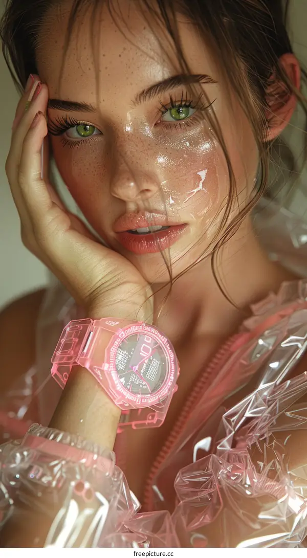 Woman with Pink Watch and Green Eyes