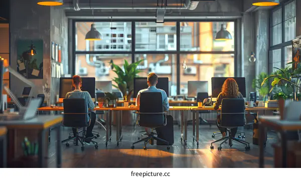 Three people working in an office