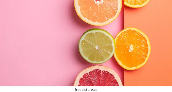 Citrus Fruit Halves on Pink and Orange Background