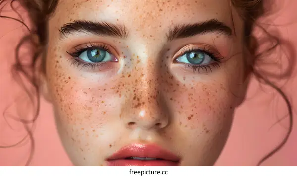 Close-up portrait of a young woman with freckles on her face