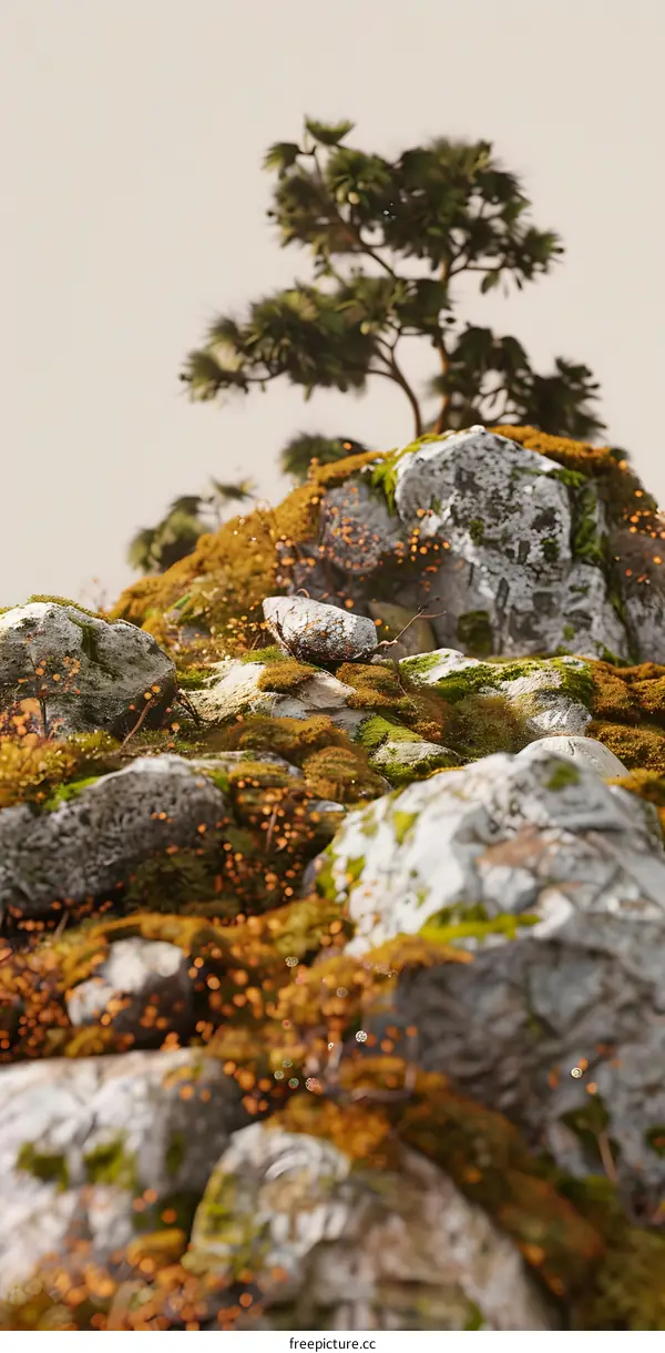 Mountain Rocks Covered in Moss and Small Plants