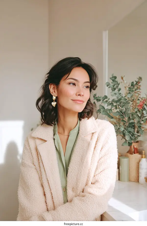 Elegant Woman Wearing Fluffy Beige Coat and Green Blouse Indoors