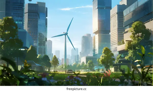 Futuristic Urban Landscape with Wind Turbine and Green Spaces