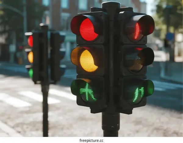 Traffic Lights with Red Yellow and Green Signals on Street