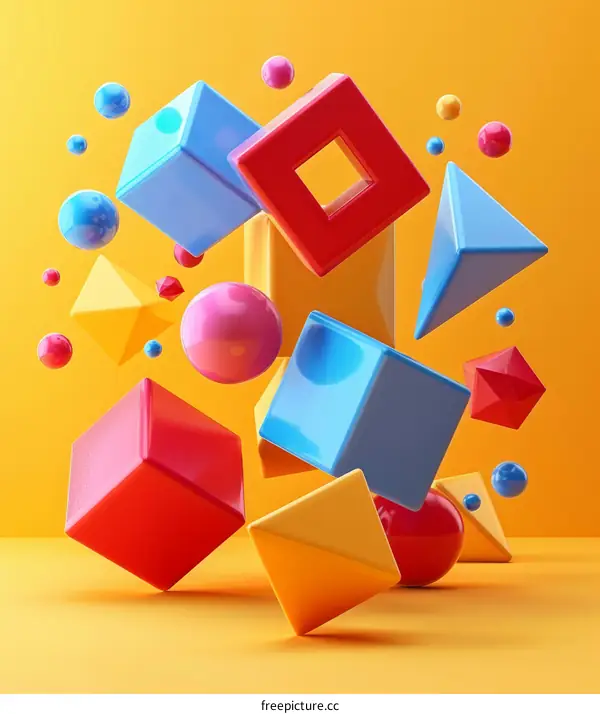 Abstract 3D Shapes Floating in Yellow Space