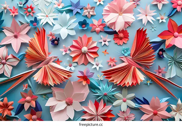 birds and flowers in paper art style