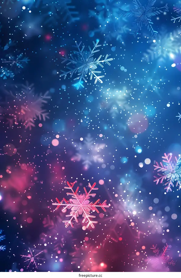 Snowflakes are flying on a deep blue and pink background