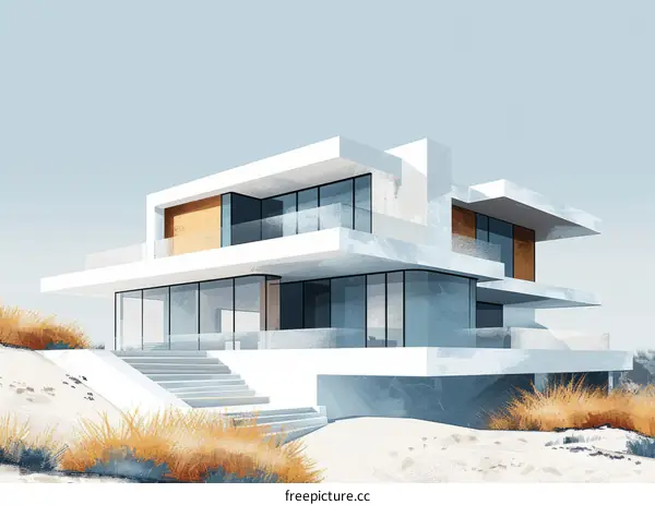 Modern Beach House with Glass Windows and White Exterior