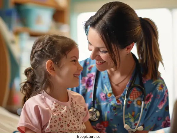 Young girl smiling with female doctor or nurse practitioner