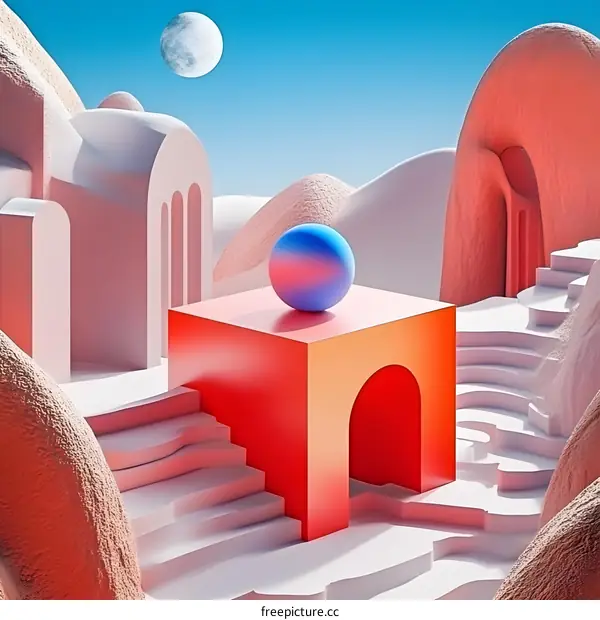 Abstract 3D Landscape With Moon And Geometric Shapes