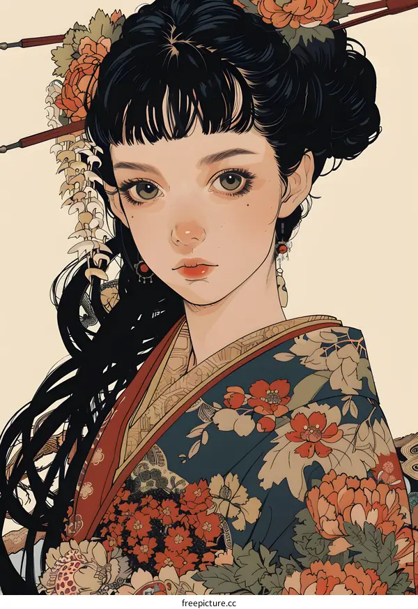 A digital painting of a young woman with long black hair wearing a kimono with a floral pattern.