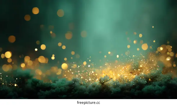 Golden Sparkling Lights on Green Moss Background