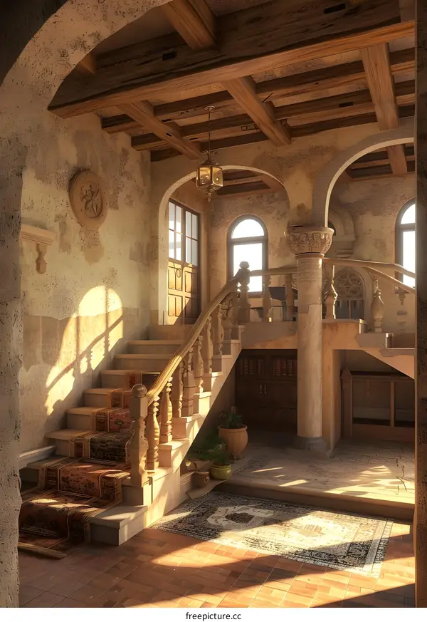 Interior Design of a Grand Staircase in a Luxury Mansion