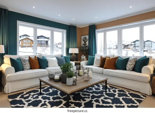 Cozy Living Room with Snowy View