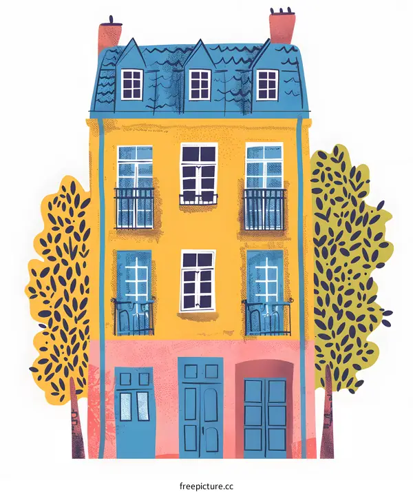 Yellow House with Blue Windows and a Roof