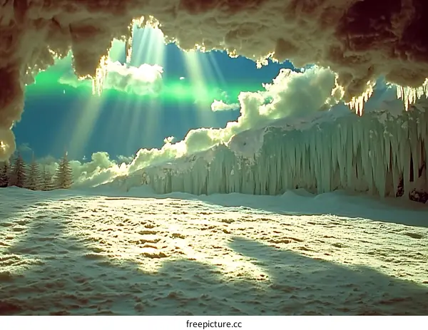 Winter Landscape with Sunbeams Shining Through Ice Cave