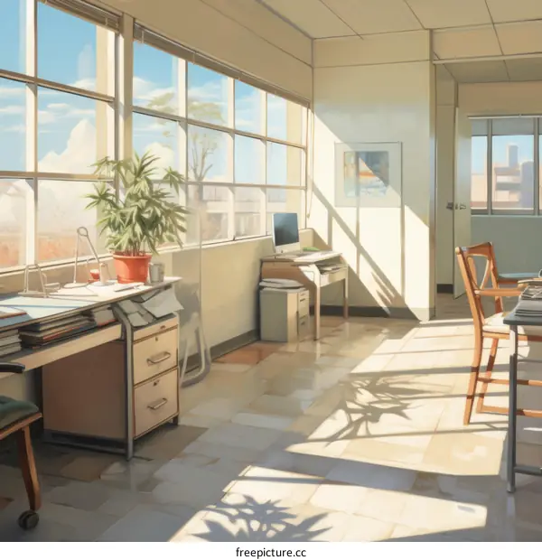 An illustration of a sunlit office