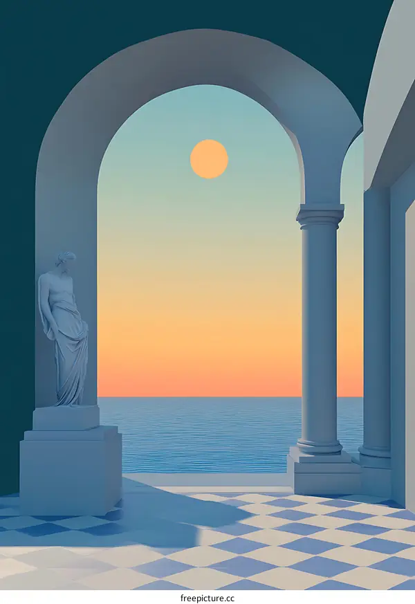 Minimalist Illustration of a Stone Statue Looking Out at the Sunset Over the Ocean Through an Archway
