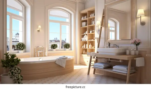 Luxury bathroom interior with freestanding tub, double vanity, large windows & city view