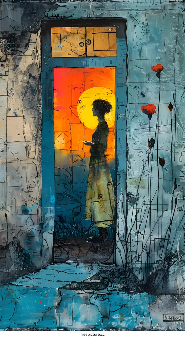 Blue door with a woman holding a letter