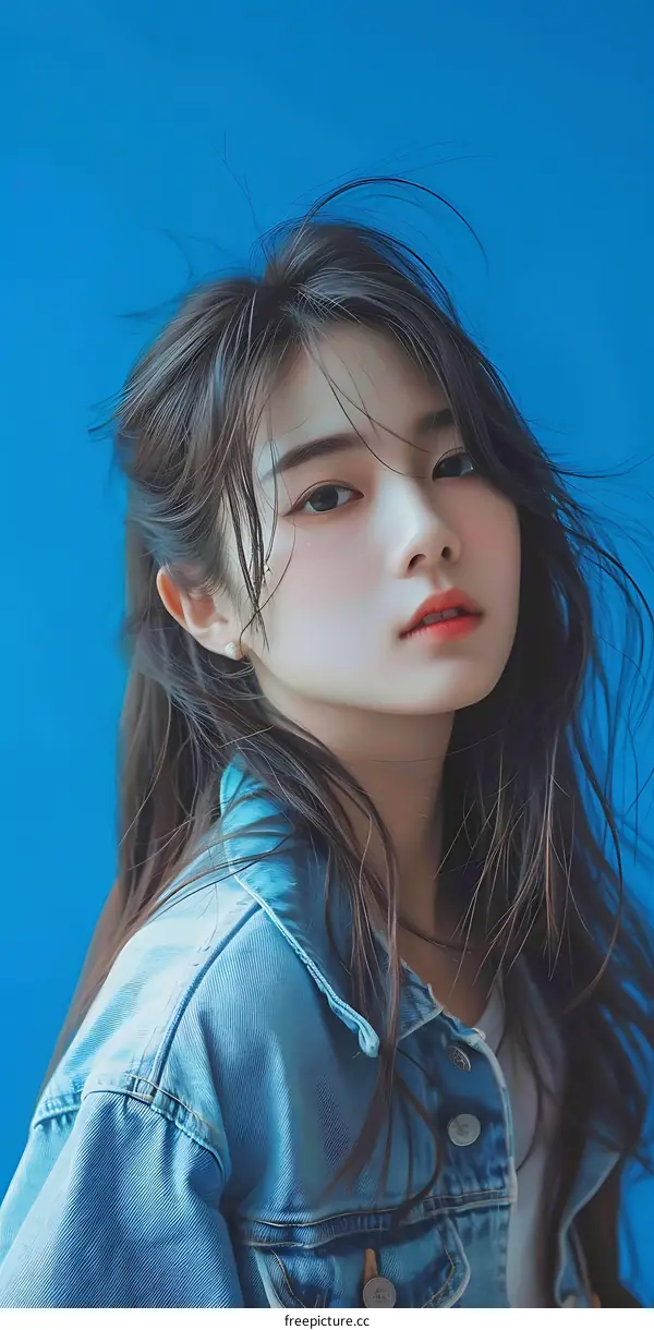 Portrait of a Beautiful Asian Woman in a Denim Jacket