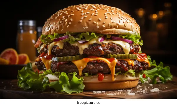 Mouthwatering Double Cheeseburger with Pickles, Red Onions, and Fresh Veggies