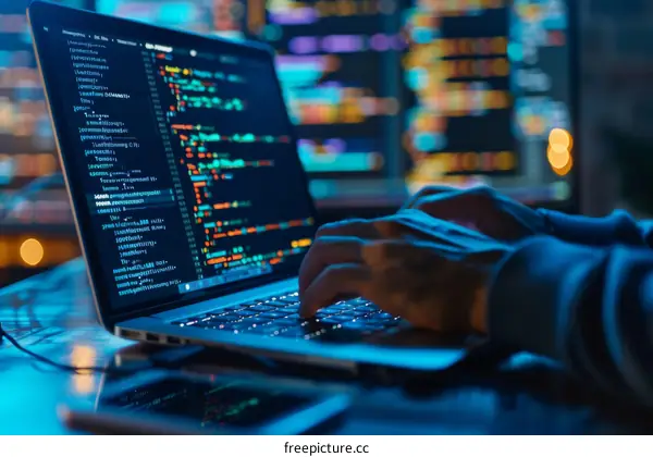 A person is coding in front of multiple computer screens.