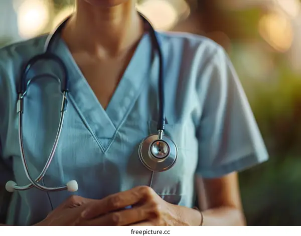 A female doctor in blue uniform with stethoscope around her neck
