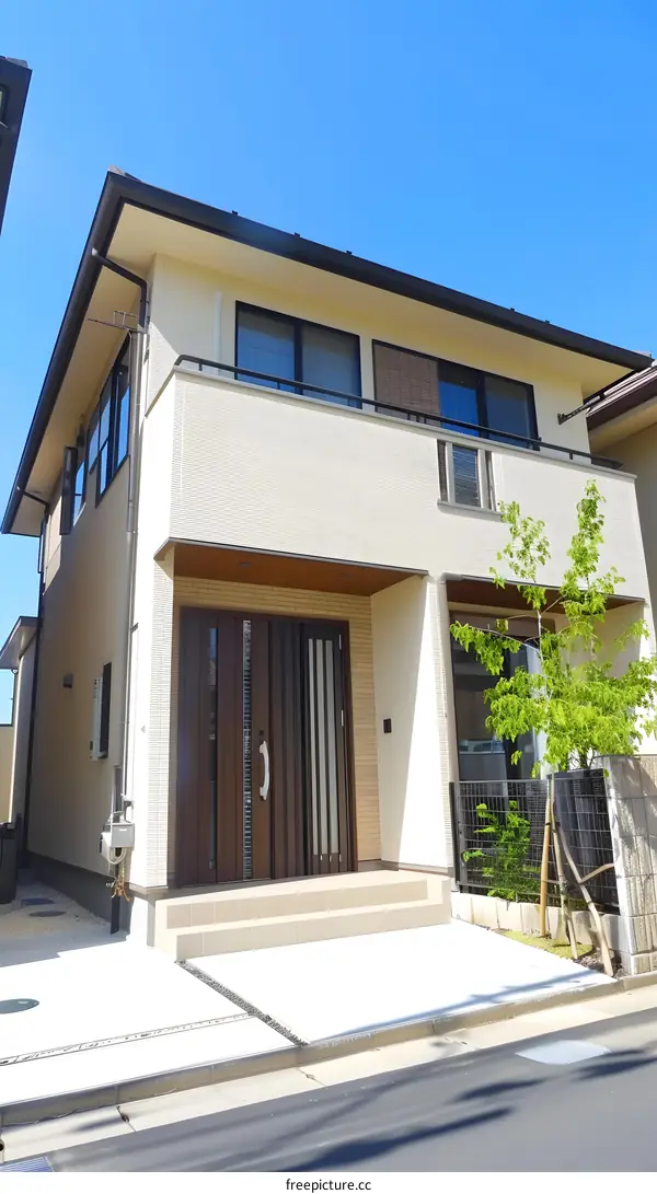Modern Two Story House With Brown Wooden Door