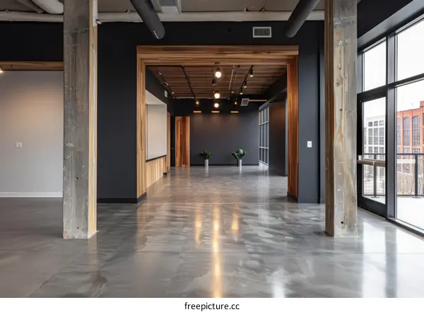 Industrial-style empty room with concrete floor and large windows