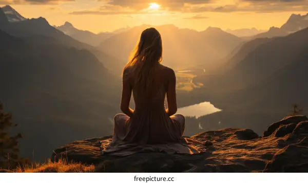 girl meditating on a mountaintop at sunset