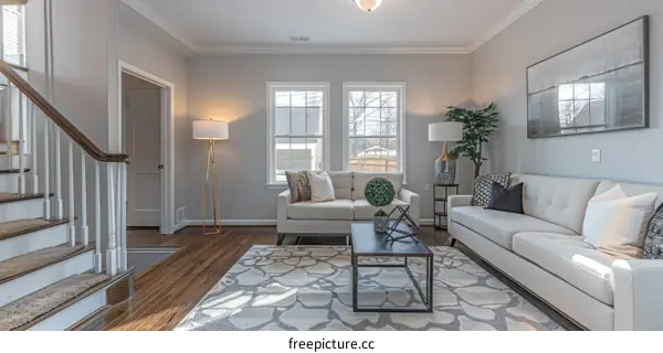 A cozy living room with a sofa, coffee table, rug, and two windows