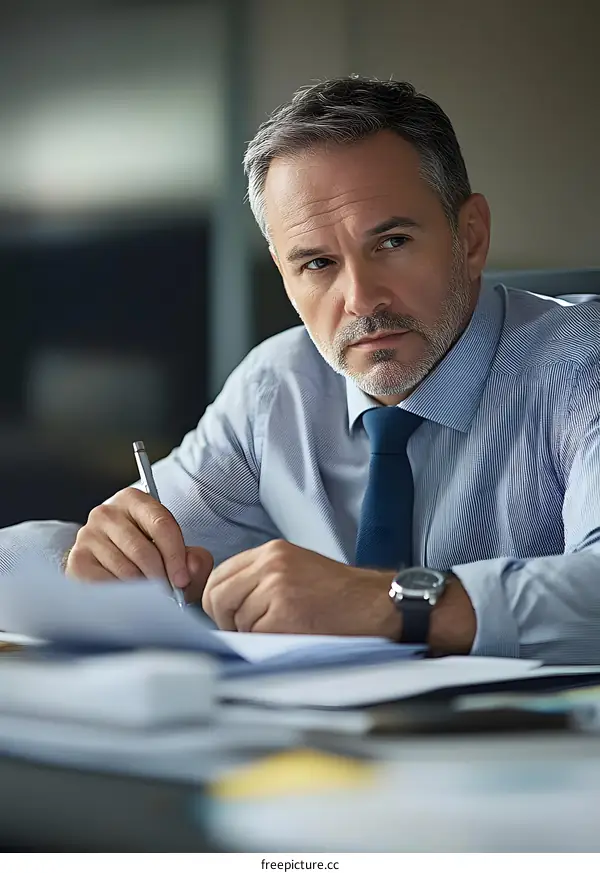 Serious Businessman Working at His Desk with Papers