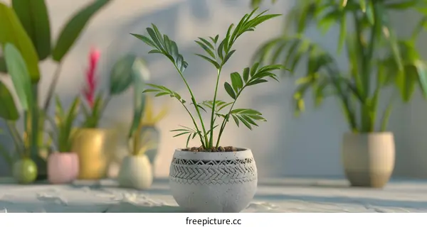 Green Plant in a White Pot on a Light Background