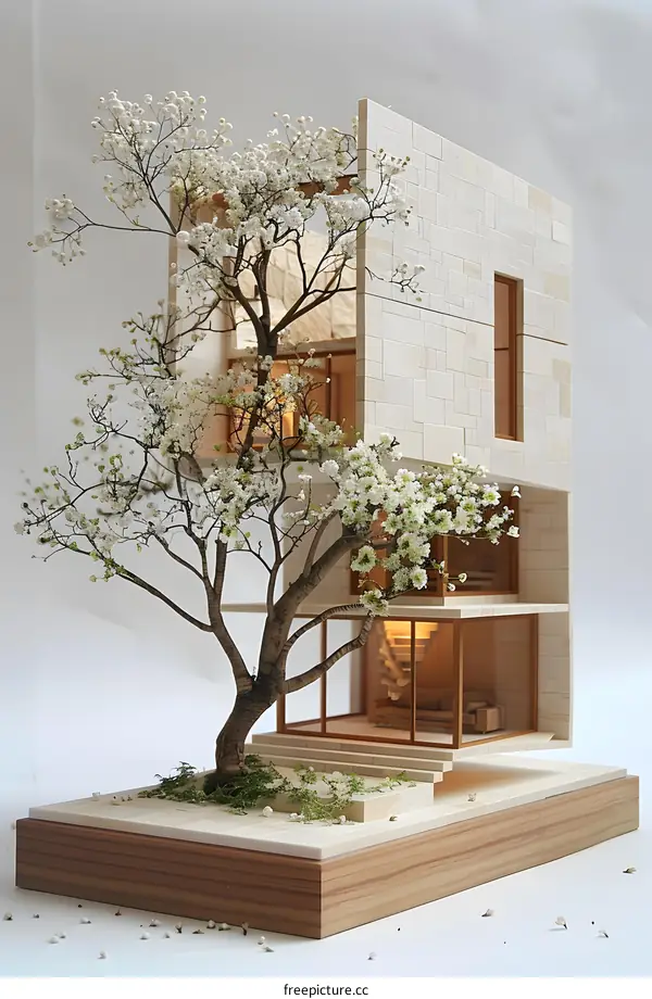 Architectural model of a modern house with a tree