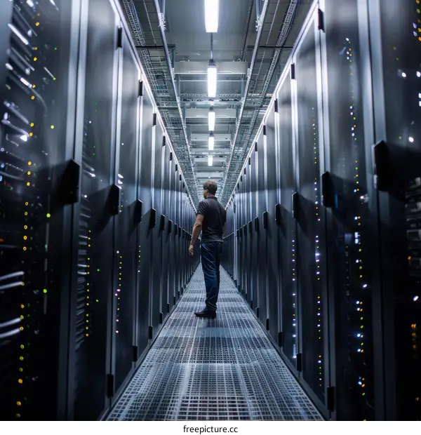 IT Technician Examining Server Racks in Data Center
